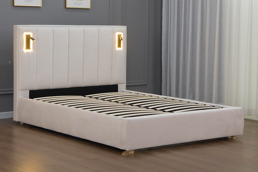 5033-1G Hidrolik Depolama Modern Yumuşak Bej Kadife LED Döşemeli Karyola