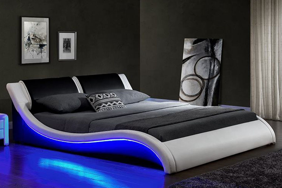 1178-1 Dalga Gibi LED Çerçeve Deri Kraliçe Kral Döşemeli Yatak