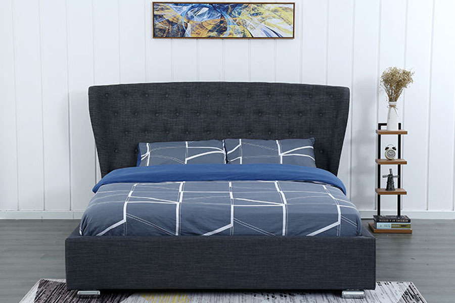 1292G Avrupa Wingback Gri-Keten Düğmeli Ahşap Ayaklı Döşemeli Yatak