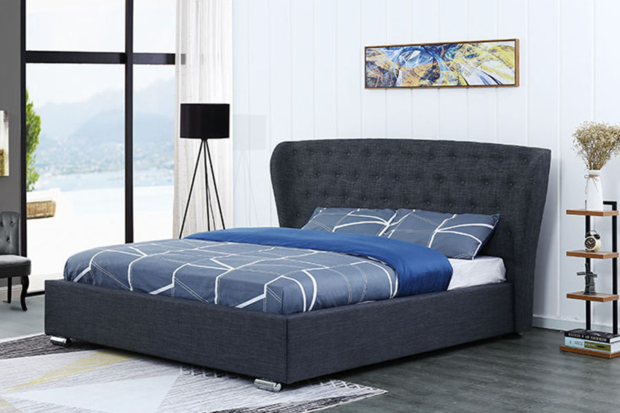 1292G Avrupa Wingback Gri-Keten Düğmeli Ahşap Ayaklı Döşemeli Yatak