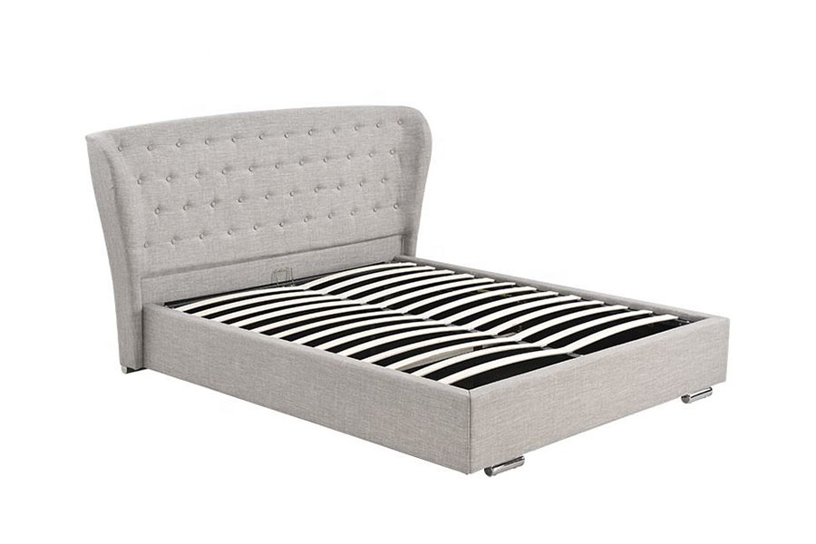 1292G Avrupa Wingback Gri-Keten Düğmeli Ahşap Ayaklı Döşemeli Yatak