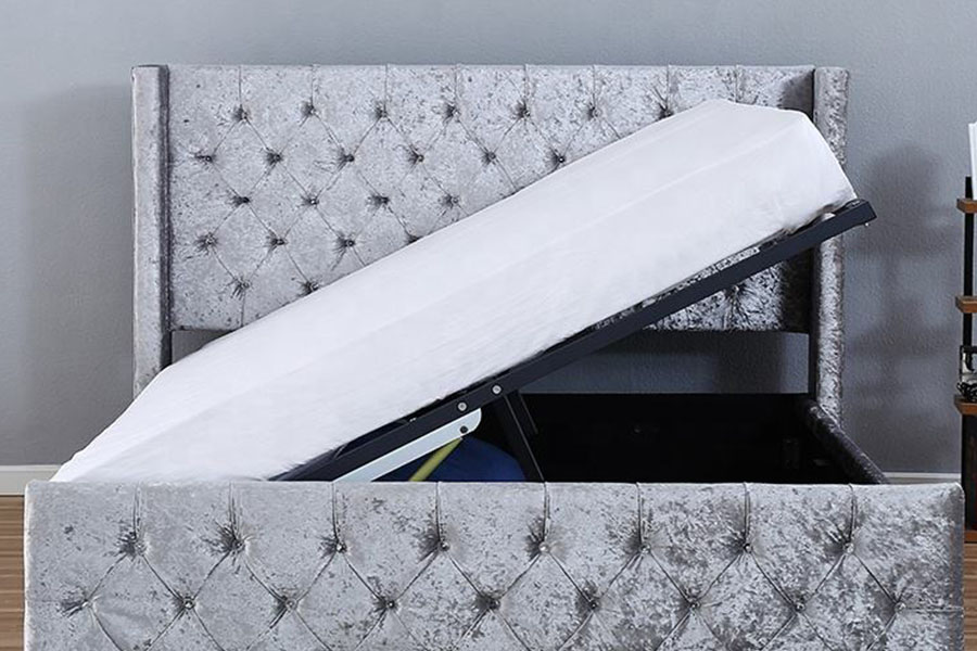 1290-1G Gümüş-Kadife LED Kanatlı-Diamante Ahşap Bazalı Yatak Çerçevesi